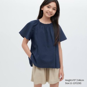 Kids' Uniqlo 100% Cotton Seersucker Short Sleeved Shirts Navy | DTZA-09536