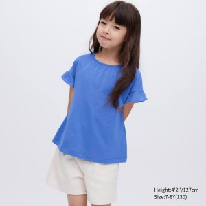 Kids' Uniqlo Airism Cotton Frill Sleeved T Shirts Blue | HOYF-95721