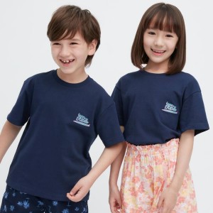 Kids' Uniqlo Airism Cotton Graphic Short Sleeved T Shirts Navy | TFIU-25610