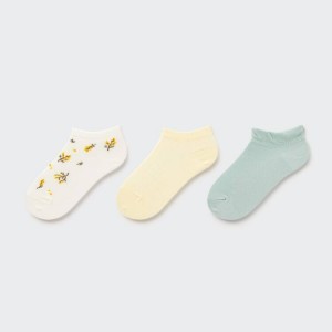 Kids' Uniqlo Flower Print Short (Three Pairs) Socks Cream / Yellow / Blue | GBOH-51284