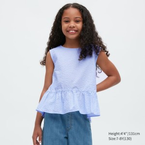 Kids' Uniqlo Gathered Striped Short Sleeved Shirts Blue | WUSZ-38956