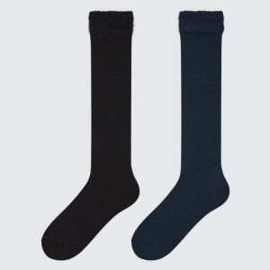 Kids' Uniqlo Heattech Knee High Fluffy (Two Pairs) Socks Black | DIXG-46218