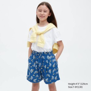 Kids' Uniqlo Linen Blend Flower Print Easy Shorts Blue | NDAQ-59170