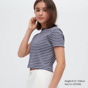 Kids' Uniqlo Ribbed Striped Cropped T Shirts Blue | EQHR-32458