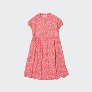 Kids' Uniqlo Viscose Flower Printed Short Sleeved Dress Pink | MYIT-92508