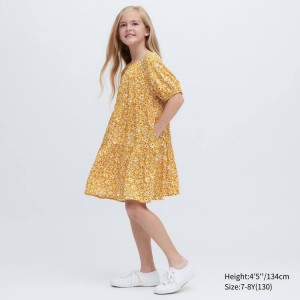 Kids' Uniqlo Viscose Flower Printed Short Sleeved Dress Yellow | FYEG-80975