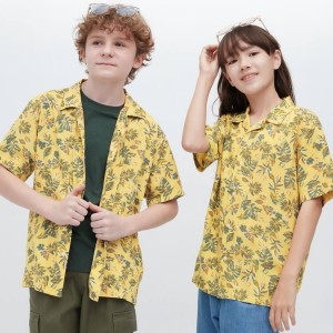 Kids' Uniqlo Viscose Printed Open Collar Short Sleeved Shirts Yellow | IROC-75869