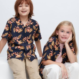 Kids' Uniqlo Viscose Printed Open Collar Short Sleeved Shirts Navy | VWOR-57634