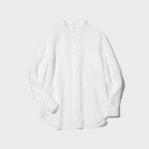 Men's Uniqlo 100% Premium Linen Regular Fit (Grandad Collar) Shirts White | EKUJ-26419