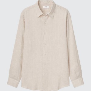 Men's Uniqlo 100% Premium Linen Regular Fit (Regular Collar) Shirts Beige | DOQR-86529