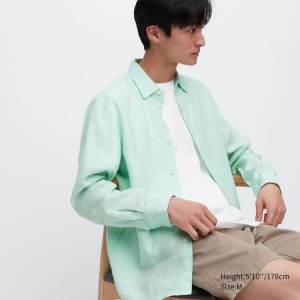 Men's Uniqlo 100% Premium Linen Regular Fit (Regular Collar) Shirts Light Green | FHMR-21359