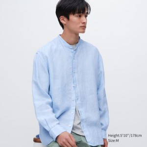 Men's Uniqlo 100% Premium Linen Regular Fit (Grandad Collar) Shirts Blue | HRTI-42706