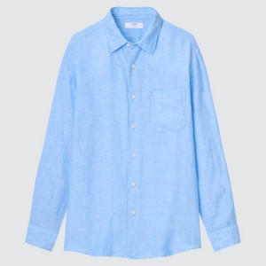 Men's Uniqlo 100% Premium Linen Shirts Blue | KPNV-53709