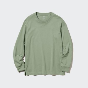 Men's Uniqlo Airism Cotton Crew Neck Long Sleeved Tops Green | LPWF-01623