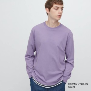 Men's Uniqlo Airism Cotton Crew Neck Long Sleeved T Shirts Purple | CAFI-43610