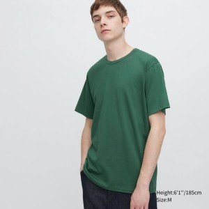 Men's Uniqlo Airism Cotton Crew Neck Short Sleeved T Shirts Green | TMFZ-41053