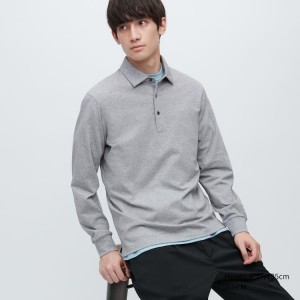 Men's Uniqlo Airism Long Sleeve Polo Shirts Grey | IXZG-85691