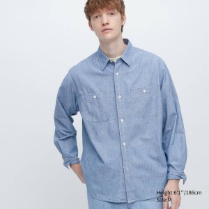 Men's Uniqlo Chambray Regular Fit Work (Regular Collar) Shirts Blue | KVXG-02745