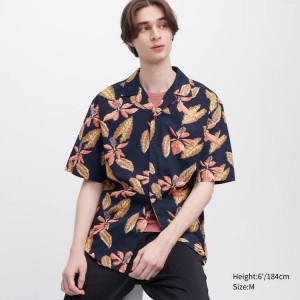 Men's Uniqlo Cotton Blend Casual Printed Short Sleeved (Open Collar) Shirts Navy | ICJO-61297