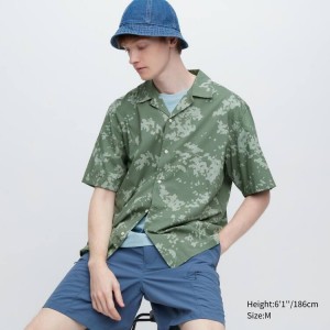 Men's Uniqlo Cotton Blend Casual Printed Short Sleeved (Open Collar) Shirts Green | QNHE-73269