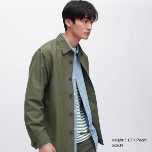 Men's Uniqlo Cotton Linen Blend Overshirt Jackets Olive | NFXH-40693