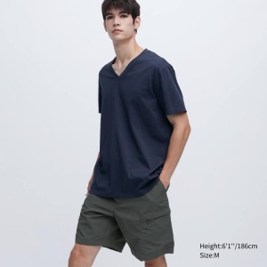 Men's Uniqlo Dry Colour V Neck (2020 Season) T Shirts Navy | LZQP-60874