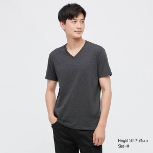 Men's Uniqlo Dry V Neck T Shirts Dark Grey | HUEK-54309