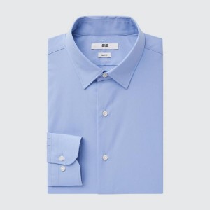 Men's Uniqlo Easy Care Broadcloth Stretch Slim Fit (Regular Collar) Shirts Blue | KHEX-78925