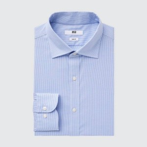 Men's Uniqlo Easy Care Checked Stretch Slim Fit (Semi-cutaway Collar) Shirts Blue | EPGL-98243