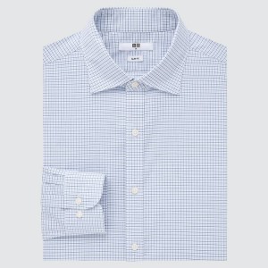 Men's Uniqlo Easy Care Checked Stretch Slim Fit (Semi-cutaway Collar) Shirts Blue | FHYN-79214