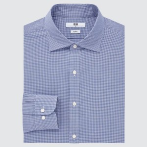 Men's Uniqlo Easy Care Checked Stretch Slim Fit (Semi-cutaway Collar) Shirts Blue | KBGS-42831