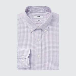 Men's Uniqlo Easy Care Stretch Slim Fit Checked (Button-down Collar) Shirts Purple | GDQL-54971