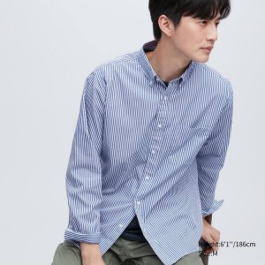 Men's Uniqlo Extra Fine Cotton Broadcloth Regular Fit Striped (Button-down Collar) Shirts Blue | TGRP-63908