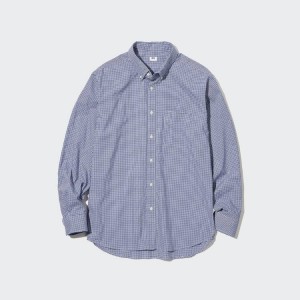 Men's Uniqlo Extra Fine Cotton Broadcloth Checked (Button-down Collar) Shirts Blue | MABK-53601