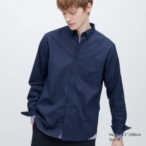 Men's Uniqlo Extra Fine Cotton Broadcloth Regular Fit Printed (Regular Collar) Shirts Blue | DTOK-76243