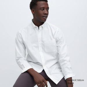 Men's Uniqlo Extra Fine Cotton Broadcloth Printed (Button-down Collar) Shirts White | NCIV-10479