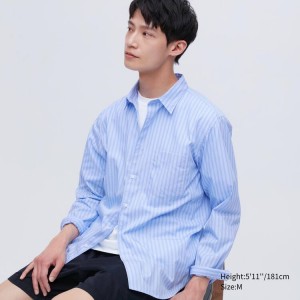 Men's Uniqlo Extra Fine Cotton Broadcloth Regular Fit Striped Shirts Blue | IQCS-72618