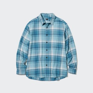 Men's Uniqlo Flannel Checked Regular Fit (Regular Collar) Shirts Blue | IFCL-41927