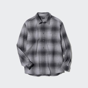 Men's Uniqlo Flannel Regular Fit Checked (Regular Collar) Shirts Grey | ZRYT-63145