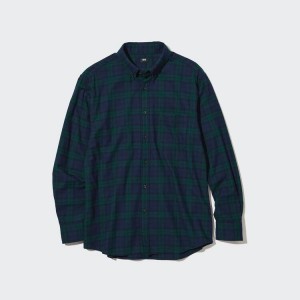 Men's Uniqlo Flannel Regular Fit Checked (Button-down Collar) Shirts Dark Green | DXFA-58124