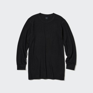 Men's Uniqlo Heattech Extra Warm Cotton Waffle Crew Neck Long Sleeved Thermal Tops Black | FEIB-39418