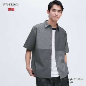 Men's Uniqlo Jw Anderson Casual Chambray Short Sleeved Shirts Grey | UVKE-82135