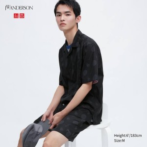 Men's Uniqlo Jw Anderson Casual Printed Short Sleeved (Open Collar) Shirts Black | DEHI-37549