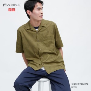 Men's Uniqlo Jw Anderson Casual Printed Short Sleeved (Open Collar) Shirts Olive | CFDZ-19478