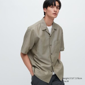 Men's Uniqlo Linen Blend Short Sleeved (Open Collar) Shirts Olive | NUDX-38156