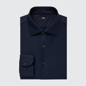 Men's Uniqlo Non-iron Jersey Regular Fit (Semi-cutaway Collar) Shirts Navy | RGDK-70836