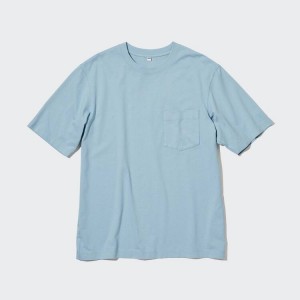 Men's Uniqlo Oversized Pocket Crew Neck Half Sleeved T Shirts Blue | RFAN-76485