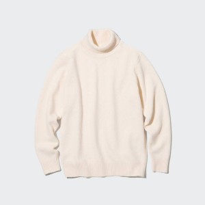 Men's Uniqlo Premium Lambswool Turtleneck Jumpers White | OSME-75069