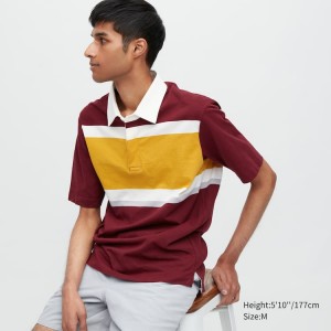 Men's Uniqlo Rugger Striped Short Sleeved Polo Shirts Burgundy | BNUD-24193