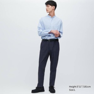 Men's Uniqlo Smart Patterned Ankle Length Trousers Navy | VWGZ-80429